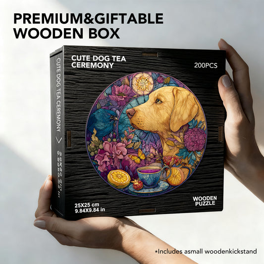 Cute Dog Tea Ceremony Wooden Jigsaw Puzzle