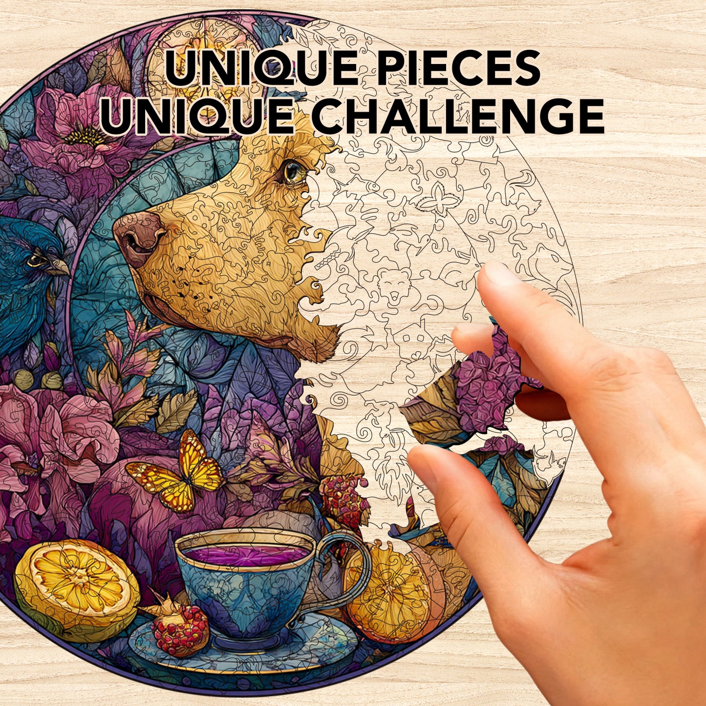 Cute Dog Tea Ceremony Wooden Jigsaw Puzzle