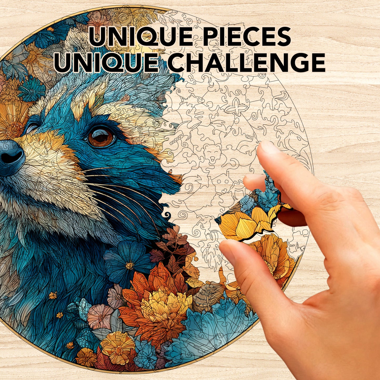 Raccoon's Floral Shadow Wooden Jigsaw Puzzle