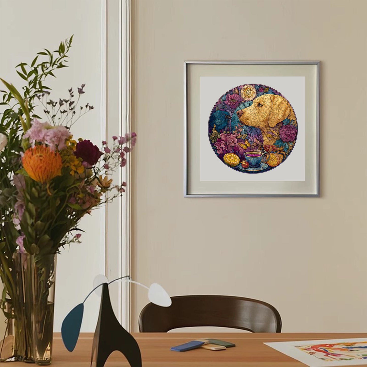 Cute Dog Tea Ceremony Wooden Jigsaw Puzzle