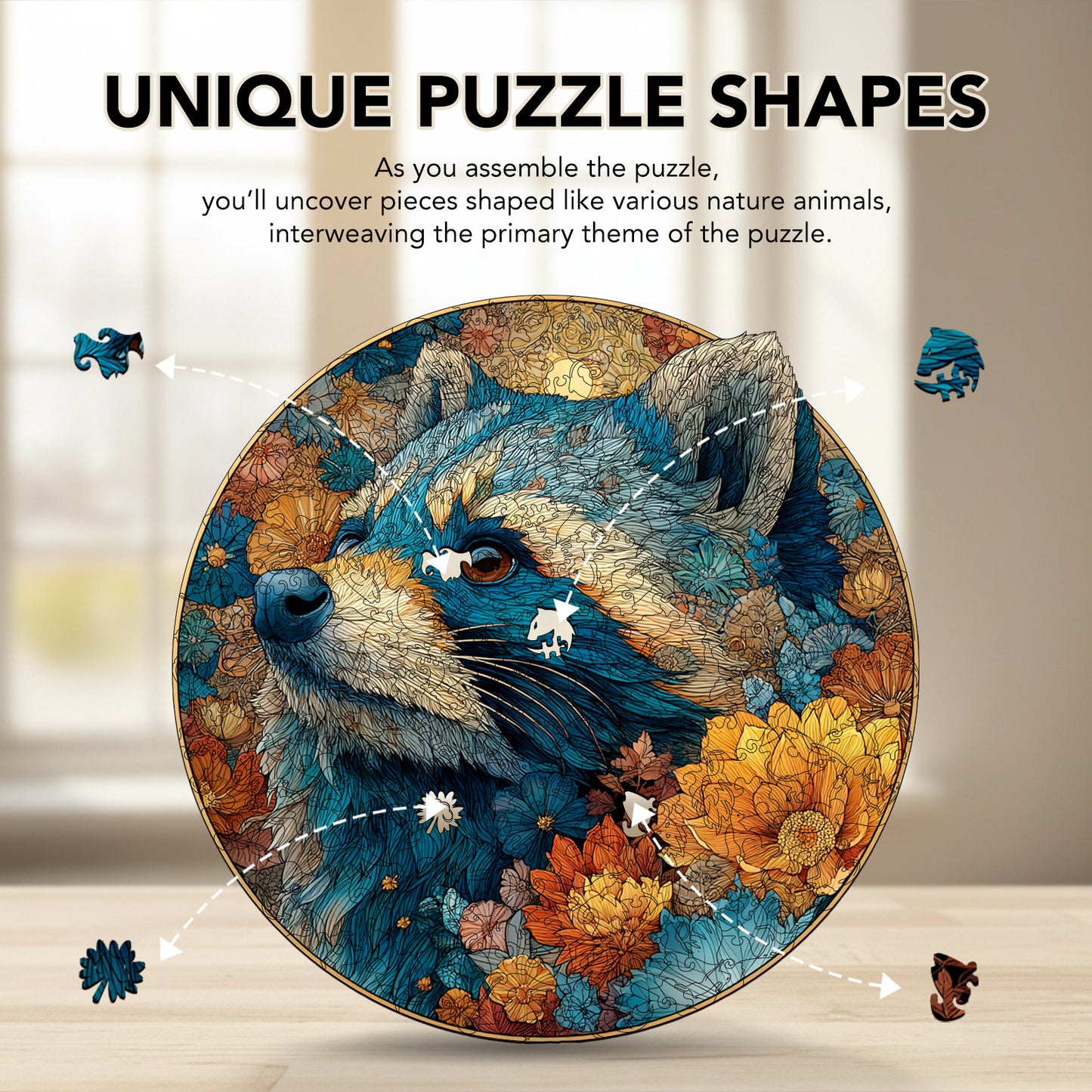 Raccoon's Floral Shadow Wooden Jigsaw Puzzle