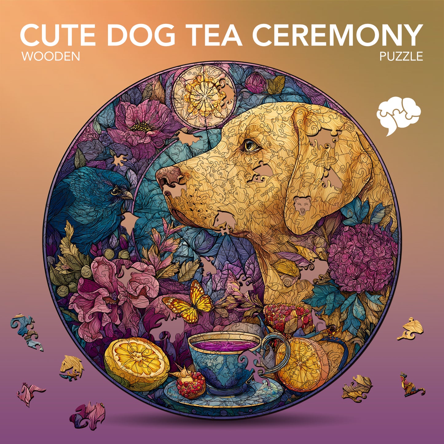 Cute Dog Tea Ceremony Wooden Jigsaw Puzzle