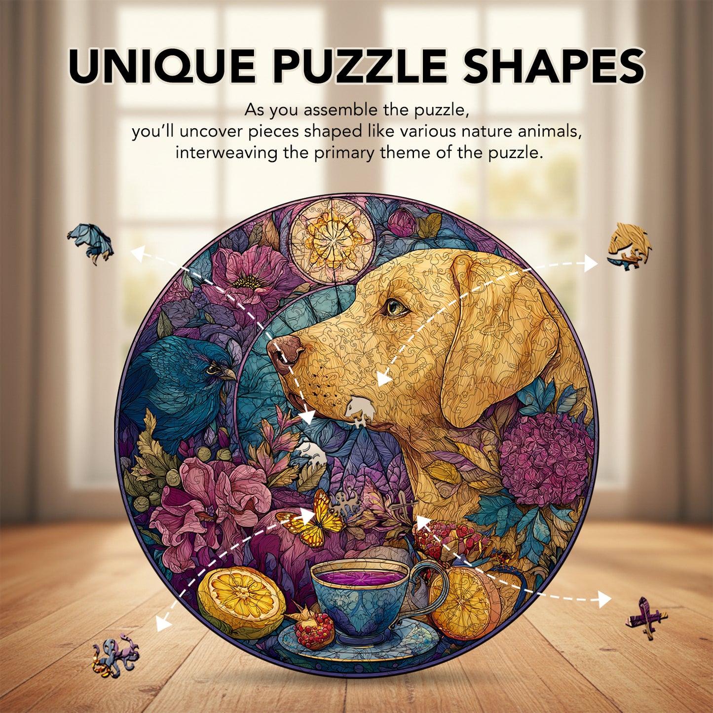 Cute Dog Tea Ceremony Wooden Jigsaw Puzzle