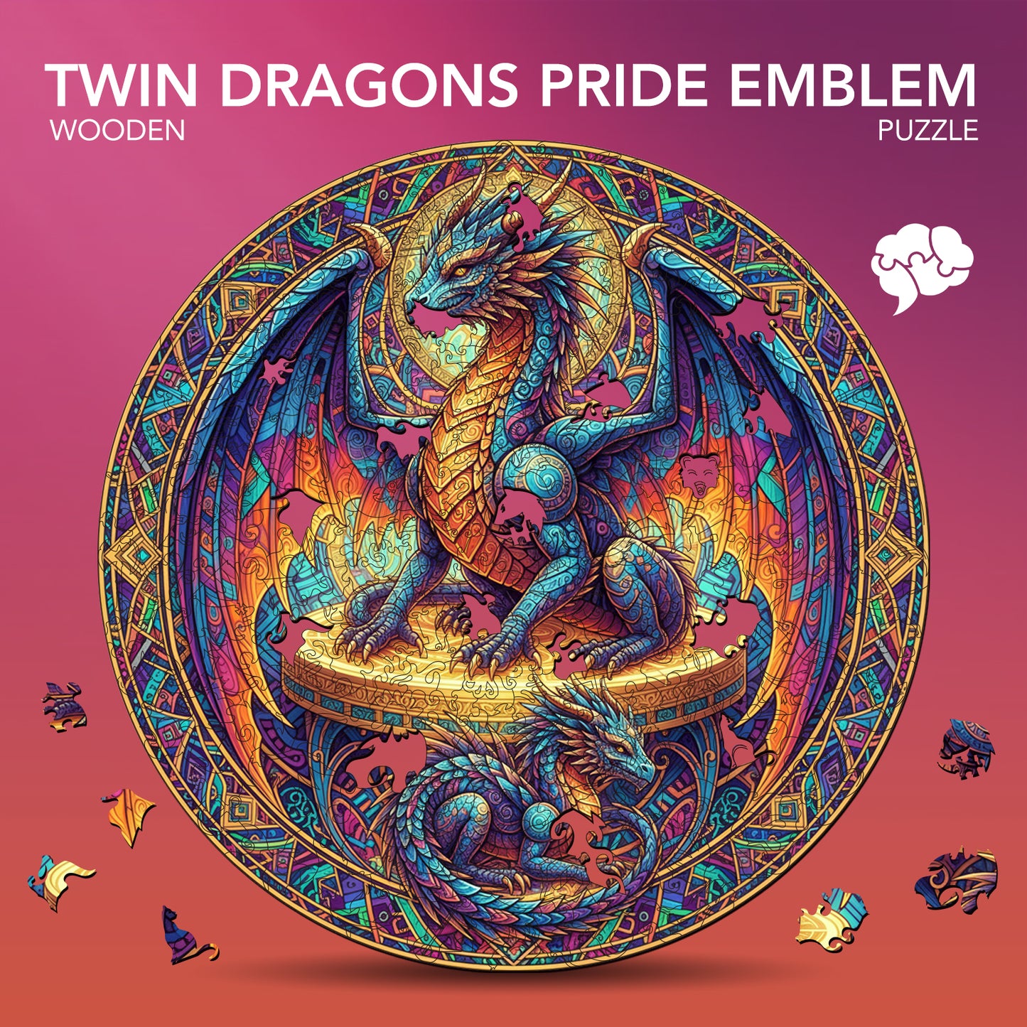 Twin Dragons Pride Emblem Wooden Jigsaw Puzzle