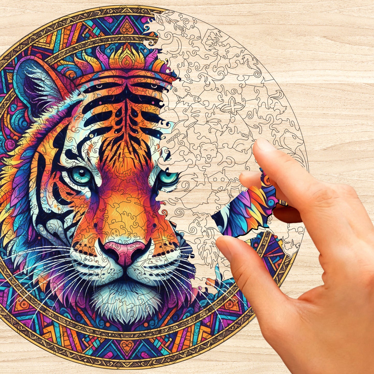 Colorful Tiger Totem Wooden Jigsaw Puzzle
