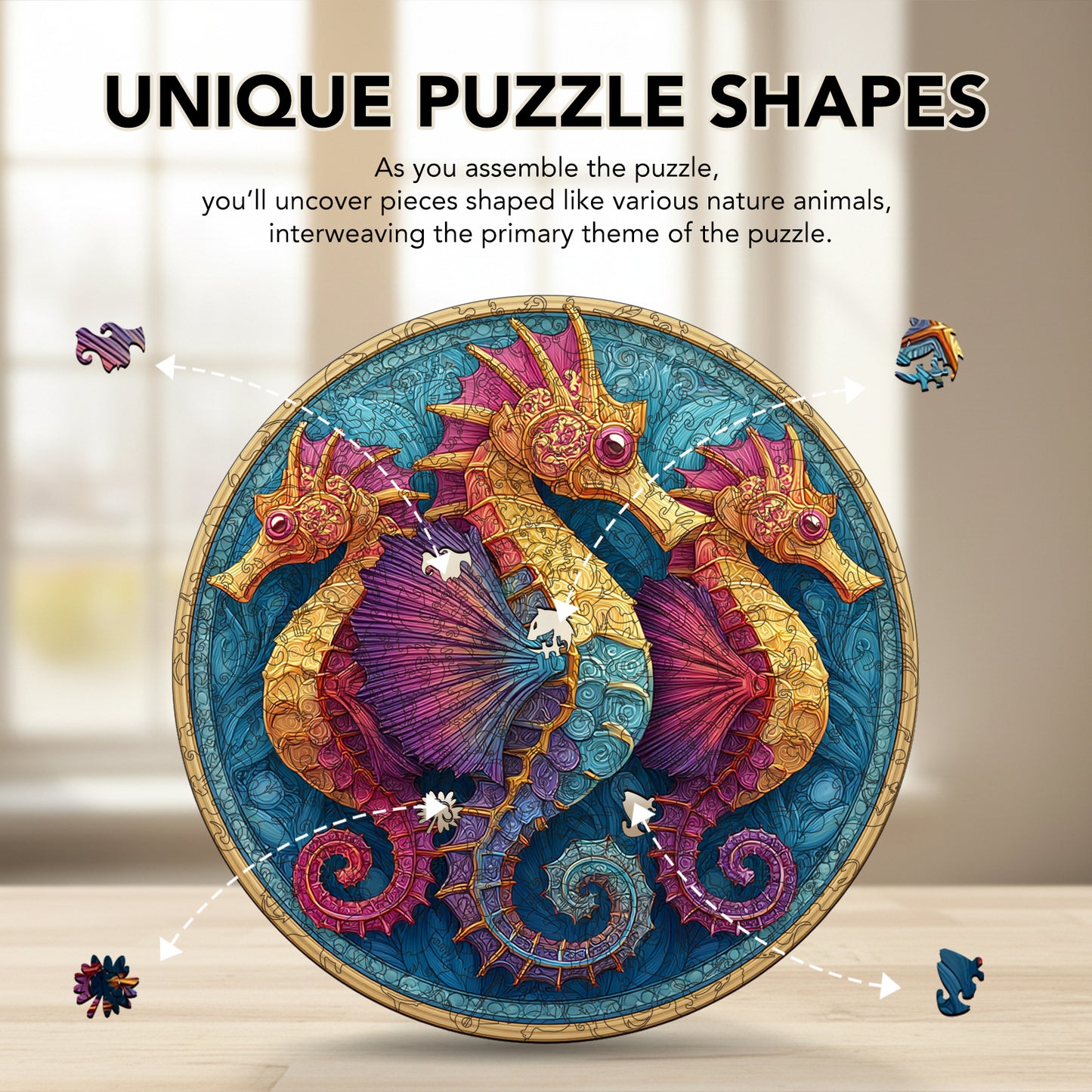 Rainbow Wave Seahorse Wooden Jigsaw Puzzle