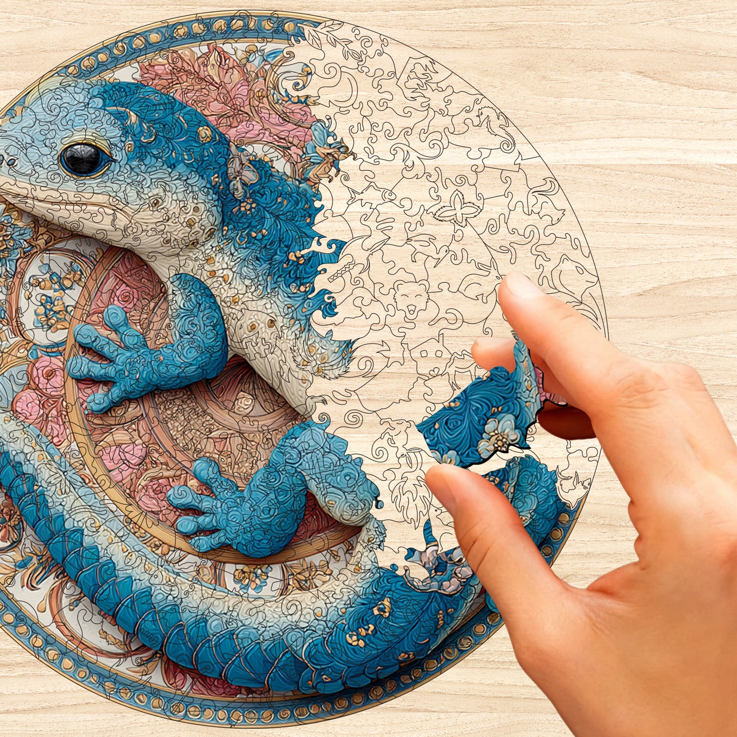 Blue Lizard Pattern Wooden Jigsaw Puzzle